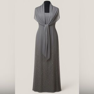 Jovani Gray Maxi Dress with Gold Accents